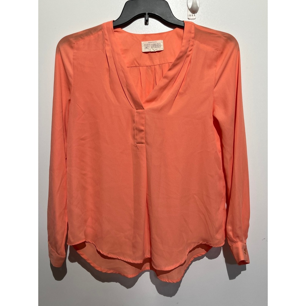 Sweet Wanderer Coral Peach Split V-Neck Long Sleeve Blouse Medium